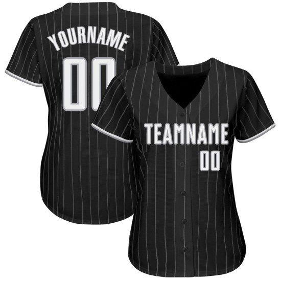 Maglia personalizzata autentica a righe bianche e grigie, da baseball, nera Maglia personalizzata autentica a righe bianche e grigie, da baseball, nera