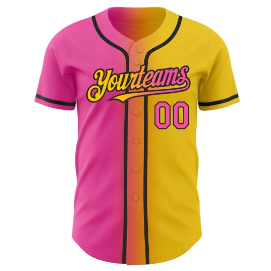 Maglia da baseball autentica, sfumata, personalizzata, gialla, rosa e nera Maglia da baseball autentica, sfumata, personalizzata, gialla, rosa e nera