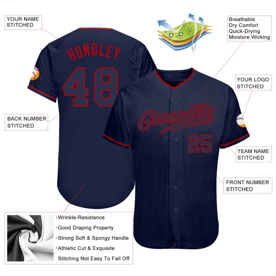 Maglia da baseball blu navy-rossa personalizzata, autentica blu navy Maglia da baseball blu navy-rossa personalizzata, autentica blu navy