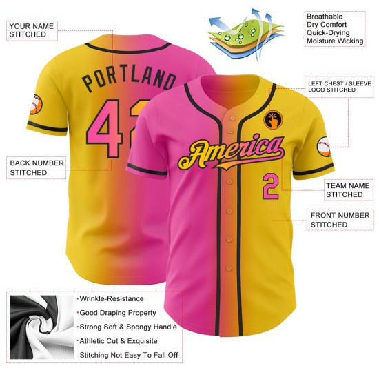 Maglia da baseball autentica, sfumata, personalizzata, gialla, rosa e nera Maglia da baseball autentica, sfumata, personalizzata, gialla, rosa e nera