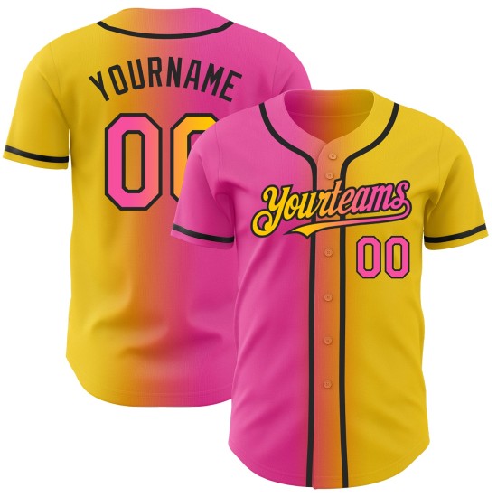 Maglia da baseball autentica, sfumata, personalizzata, gialla, rosa e nera Maglia da baseball autentica, sfumata, personalizzata, gialla, rosa e nera