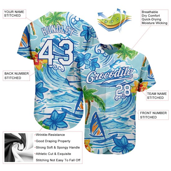 Maglia da baseball Royal White Trees con motivo a palme da spiaggia hawaiana, personalizzata con fiori autentici e design 3D Maglia da baseball Royal White Trees con motivo a palme da spiaggia hawaiana, personalizzata con fiori autentici e design 3D