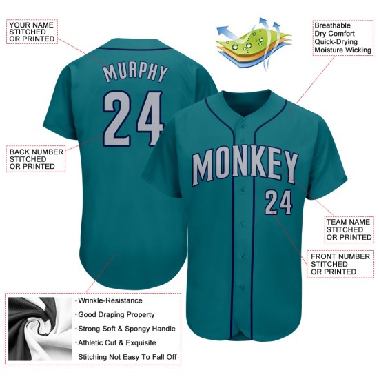 Maglia da baseball autentica personalizzata, colore verde acqua, grigio-blu navy Maglia da baseball autentica personalizzata, colore verde acqua, grigio-blu navy