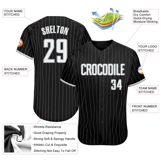 Maglia personalizzata autentica a righe bianche e grigie, da baseball, nera Maglia personalizzata autentica a righe bianche e grigie, da baseball, nera