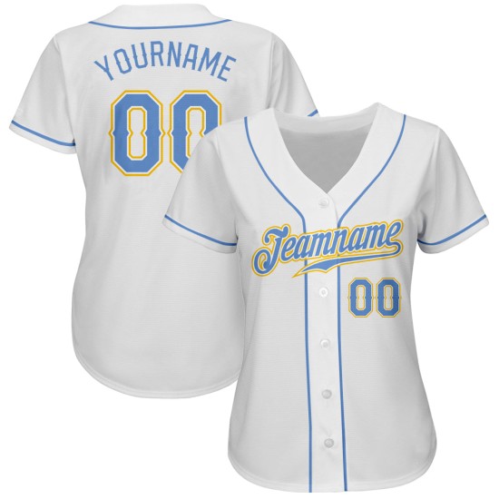 Maglia da baseball personalizzata bianca leggera, autentica, blu-oro Maglia da baseball personalizzata bianca leggera, autentica, blu-oro