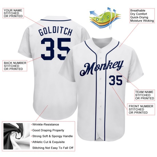 Maglia da baseball autentica bianca blu navy personalizzata Maglia da baseball autentica bianca blu navy personalizzata