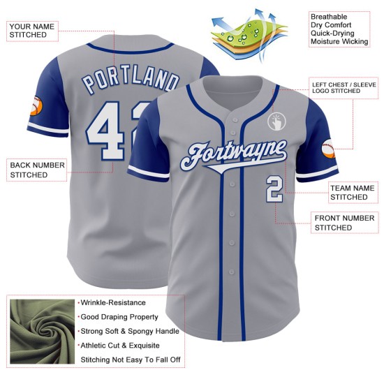 Maglia da baseball autentica personalizzata, bianca e blu, due toni di grigio Maglia da baseball autentica personalizzata, bianca e blu, due toni di grigio