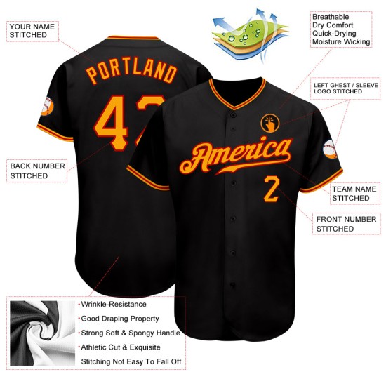 Maglia da baseball autentica nera personalizzata oro-rossa Maglia da baseball autentica nera personalizzata oro-rossa
