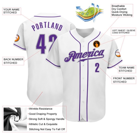 Maglia da baseball personalizzata bianca autentica viola-grigia Maglia da baseball personalizzata bianca autentica viola-grigia