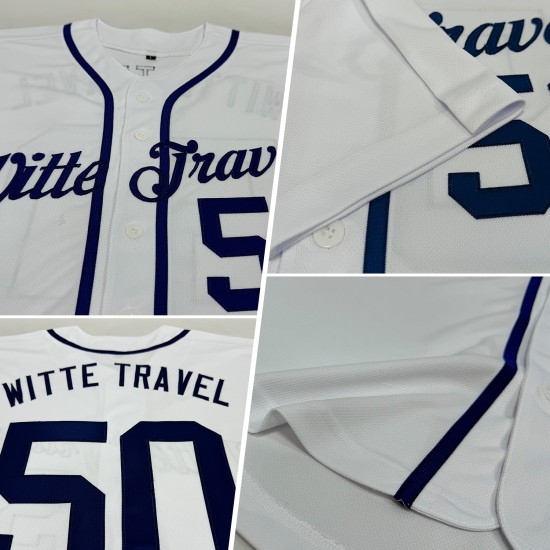 Maglia da baseball autentica bianca blu navy personalizzata Maglia da baseball autentica bianca blu navy personalizzata
