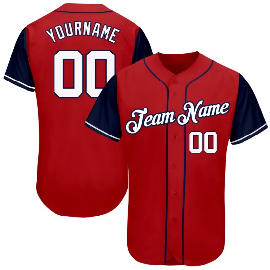 Maglia da baseball autentica personalizzata, tonalità bianco-blu navy, rossa, due Maglia da baseball autentica personalizzata, tonalità bianco-blu navy, rossa, due