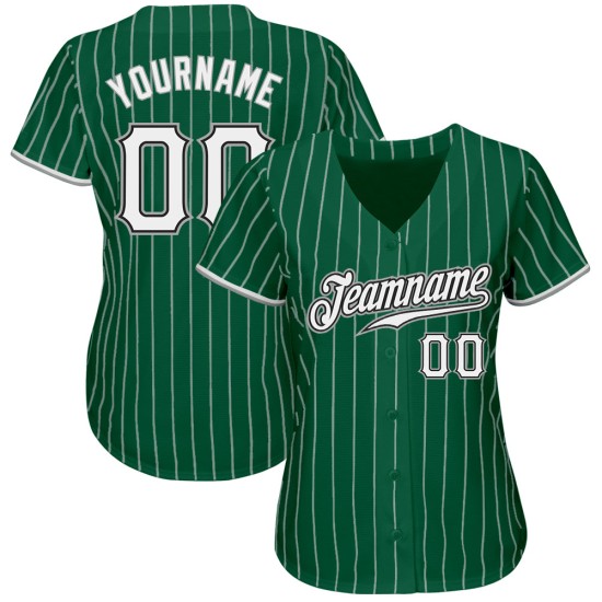 Maglia da baseball Kelly verde autentica, a righe bianche e grigie, personalizzata Maglia da baseball Kelly verde autentica, a righe bianche e grigie, personalizzata