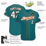 Maglia da baseball personalizzata autentica a righe bianche e arancioni, verde acqua Maglia da baseball personalizzata autentica a righe bianche e arancioni, verde acqua