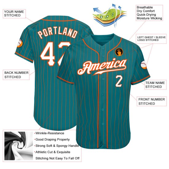 Maglia da baseball personalizzata autentica a righe bianche e arancioni, verde acqua Maglia da baseball personalizzata autentica a righe bianche e arancioni, verde acqua
