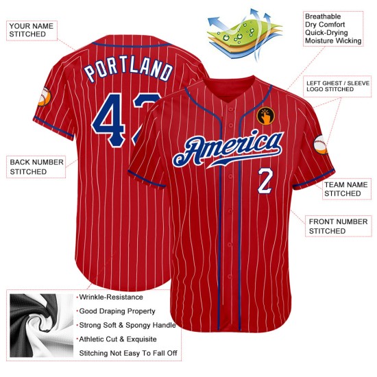 Maglia da baseball autentica a righe bianche personalizzate, colore rosso royal-white Maglia da baseball autentica a righe bianche personalizzate, colore rosso royal-white