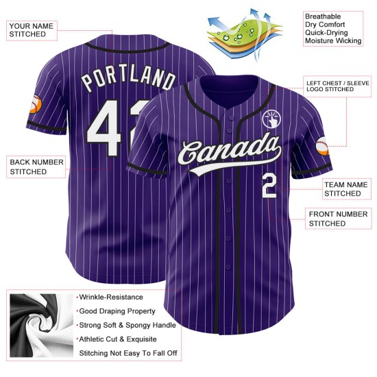 Maglia da baseball autentica personalizzata a righe viola, bianche e nere Maglia da baseball autentica personalizzata a righe viola, bianche e nere