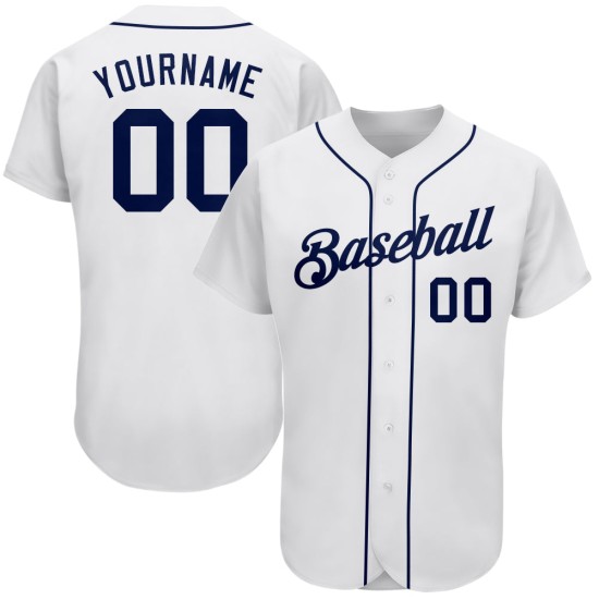 Maglia da baseball autentica bianca blu navy personalizzata Maglia da baseball autentica bianca blu navy personalizzata
