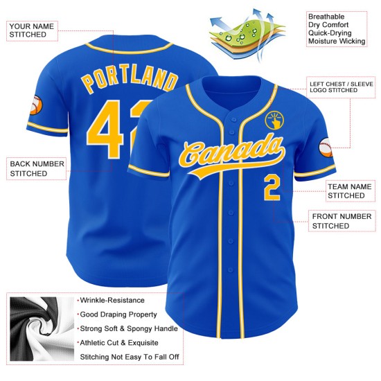 Maglia da baseball Thunder Blue Custom Autentica Oro-Bianco Maglia da baseball Thunder Blue Custom Autentica Oro-Bianco