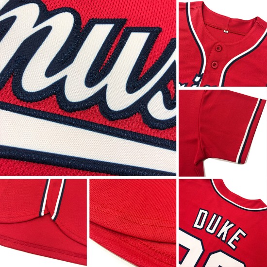 Maglia da baseball autentica bianca e blu navy personalizzata rossa Maglia da baseball autentica bianca e blu navy personalizzata rossa