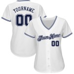Maglia da baseball personalizzata bianca blu navy autentica Maglia da baseball personalizzata bianca blu navy autentica