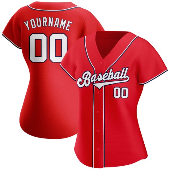 Maglia da baseball autentica bianca e blu navy personalizzata rossa Maglia da baseball autentica bianca e blu navy personalizzata rossa