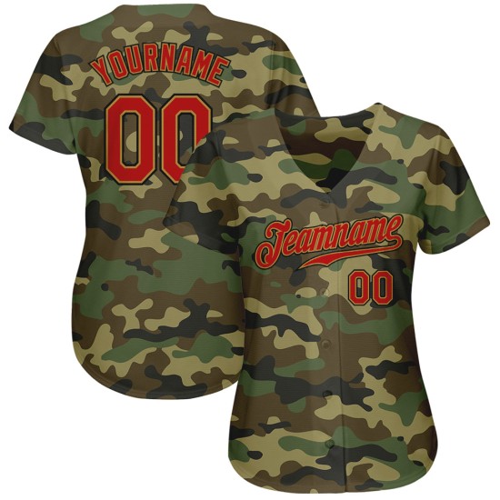 Maglia da baseball autentica in oro con servizio personalizzato, rosso-vecchio saluto mimetico Maglia da baseball autentica in oro con servizio personalizzato, rosso-vecchio saluto mimetico