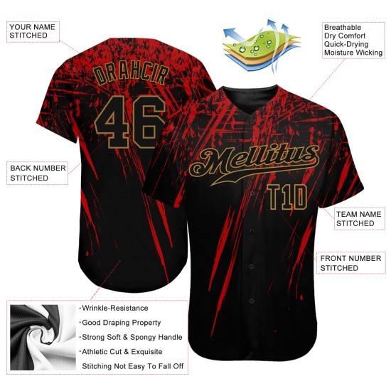 Maglia da baseball personalizzata autentica con motivo dorato, nera, 3D, rosso-nero antico Maglia da baseball personalizzata autentica con motivo dorato, nera, 3D, rosso-nero antico