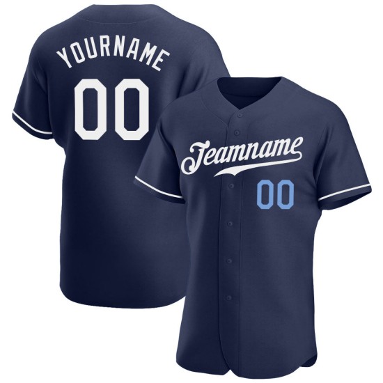 Maglia da baseball blu navy, autentica, personalizzata, bianca e chiara Maglia da baseball blu navy, autentica, personalizzata, bianca e chiara