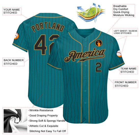 Maglia da baseball a righe nere, oro e verde acqua personalizzata, autentica, da uomo Maglia da baseball a righe nere, oro e verde acqua personalizzata, autentica, da uomo