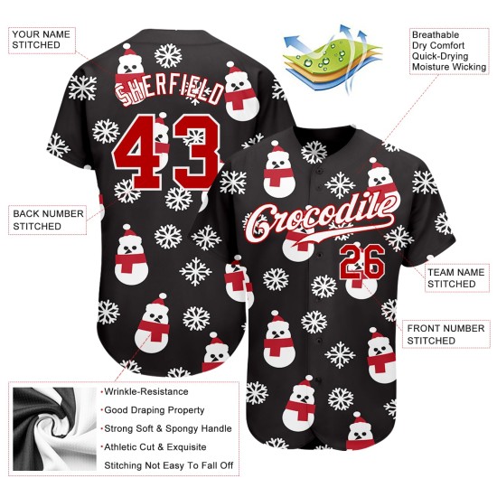 Maglia da baseball 3D nera rossa e bianca personalizzata autentica di Natale Maglia da baseball 3D nera rossa e bianca personalizzata autentica di Natale
