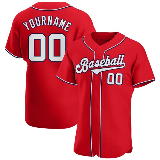Maglia da baseball autentica bianca e blu navy personalizzata rossa Maglia da baseball autentica bianca e blu navy personalizzata rossa