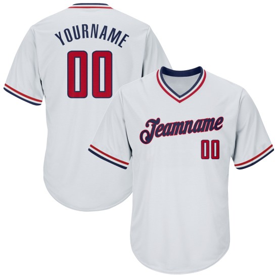 Maglia retrò a coste, autentica maglia da baseball personalizzata, bianca, rossa e blu navy Maglia retrò a coste, autentica maglia da baseball personalizzata, bianca, rossa e blu navy