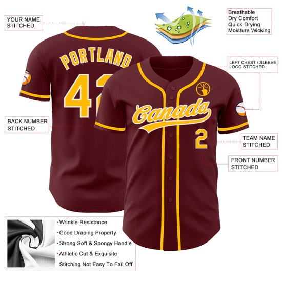 Maglia da baseball personalizzata oro-bianco bordeaux autentica Maglia da baseball personalizzata oro-bianco bordeaux autentica