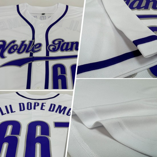 Maglia da baseball personalizzata bianca autentica viola-grigia Maglia da baseball personalizzata bianca autentica viola-grigia