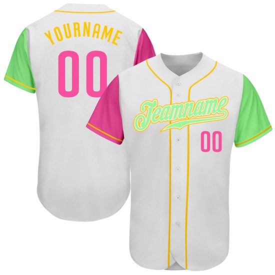 Maglia da baseball personalizzata autentica color verde-oro "Pisello rosa due bianco" Maglia da baseball personalizzata autentica color verde-oro "Pisello rosa due bianco"