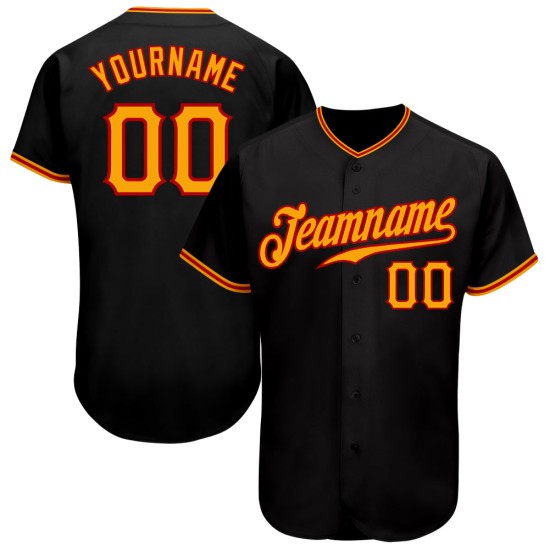 Maglia da baseball autentica nera personalizzata oro-rossa Maglia da baseball autentica nera personalizzata oro-rossa