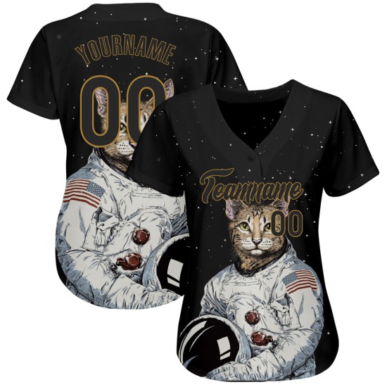 Maglia da baseball personalizzata con motivo oro autentico, nera e antica, 3D, astronauta nero Maglia da baseball personalizzata con motivo oro autentico, nera e antica, 3D, astronauta nero