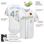 Maglia da baseball personalizzata bianca leggera, autentica, blu-oro Maglia da baseball personalizzata bianca leggera, autentica, blu-oro
