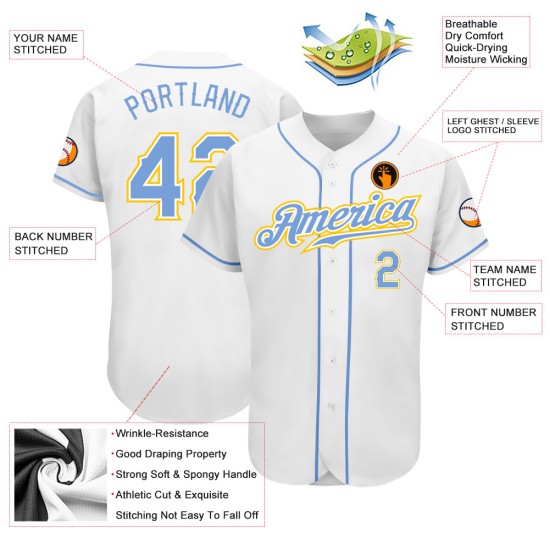 Maglia da baseball personalizzata bianca leggera, autentica, blu-oro Maglia da baseball personalizzata bianca leggera, autentica, blu-oro