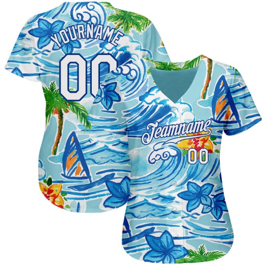 Maglia da baseball Royal White Trees con motivo a palme da spiaggia hawaiana, personalizzata con fiori autentici e design 3D Maglia da baseball Royal White Trees con motivo a palme da spiaggia hawaiana, personalizzata con fiori autentici e design 3D