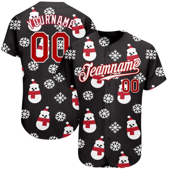 Maglia da baseball 3D nera rossa e bianca personalizzata autentica di Natale Maglia da baseball 3D nera rossa e bianca personalizzata autentica di Natale