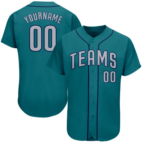 Maglia da baseball autentica personalizzata, colore verde acqua, grigio-blu navy Maglia da baseball autentica personalizzata, colore verde acqua, grigio-blu navy