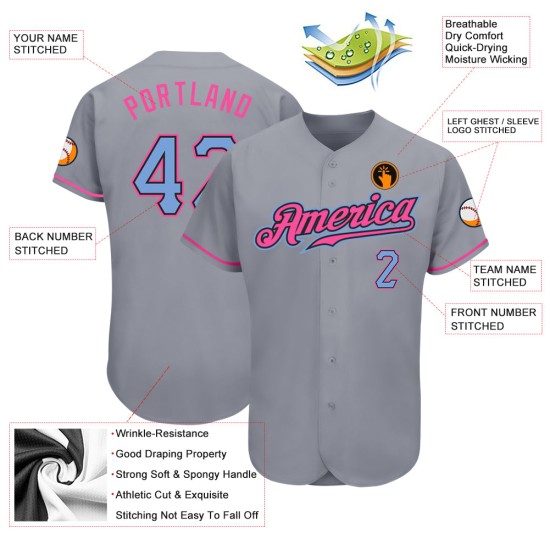 Maglia da baseball autentica personalizzata, blu-rosa e grigia leggera Maglia da baseball autentica personalizzata, blu-rosa e grigia leggera