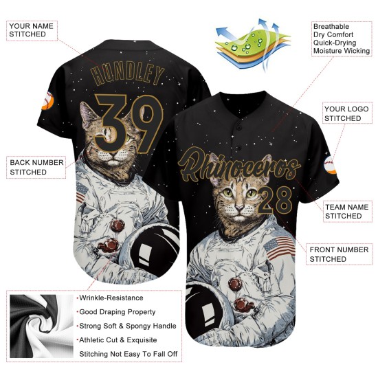 Maglia da baseball personalizzata con motivo oro autentico, nera e antica, 3D, astronauta nero Maglia da baseball personalizzata con motivo oro autentico, nera e antica, 3D, astronauta nero