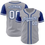 Maglia da baseball autentica personalizzata, bianca e blu, due toni di grigio Maglia da baseball autentica personalizzata, bianca e blu, due toni di grigio