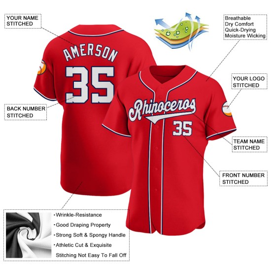 Maglia da baseball autentica bianca e blu navy personalizzata rossa Maglia da baseball autentica bianca e blu navy personalizzata rossa