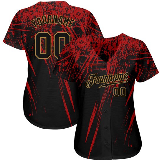Maglia da baseball personalizzata autentica con motivo dorato, nera, 3D, rosso-nero antico Maglia da baseball personalizzata autentica con motivo dorato, nera, 3D, rosso-nero antico