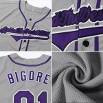 Maglia da baseball personalizzata autentica grigia viola-nera Maglia da baseball personalizzata autentica grigia viola-nera