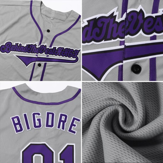 Maglia da baseball personalizzata autentica grigia viola-nera Maglia da baseball personalizzata autentica grigia viola-nera