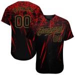 Maglia da baseball personalizzata autentica con motivo dorato, nera, 3D, rosso-nero antico Maglia da baseball personalizzata autentica con motivo dorato, nera, 3D, rosso-nero antico